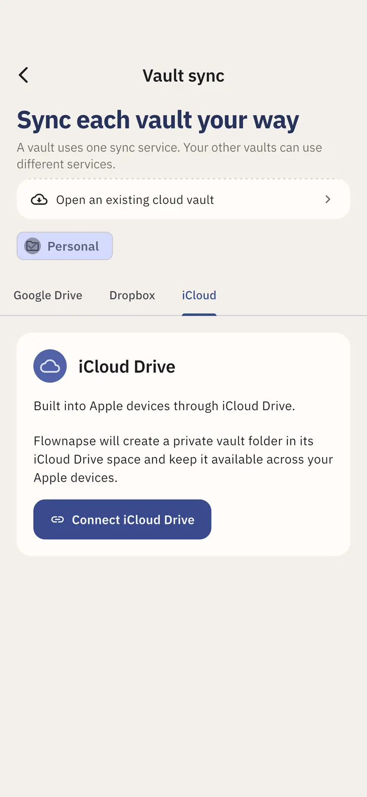 Vault sync settings in Flownapse, with iCloud Drive, Google Drive and Dropbox.